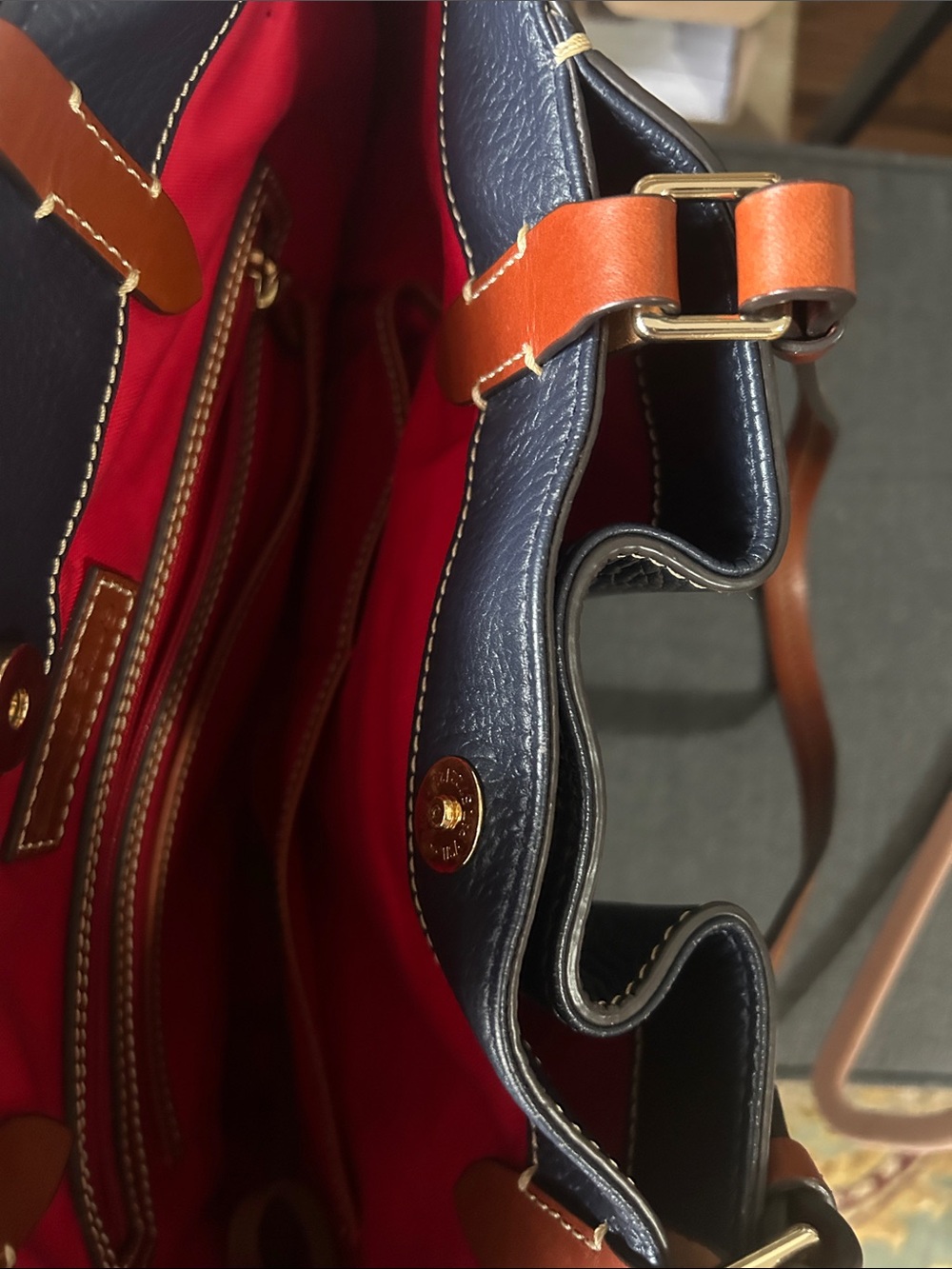 Dooney & Bourke Navy Leather Tote with Brown Handles - Picture 8 of 10